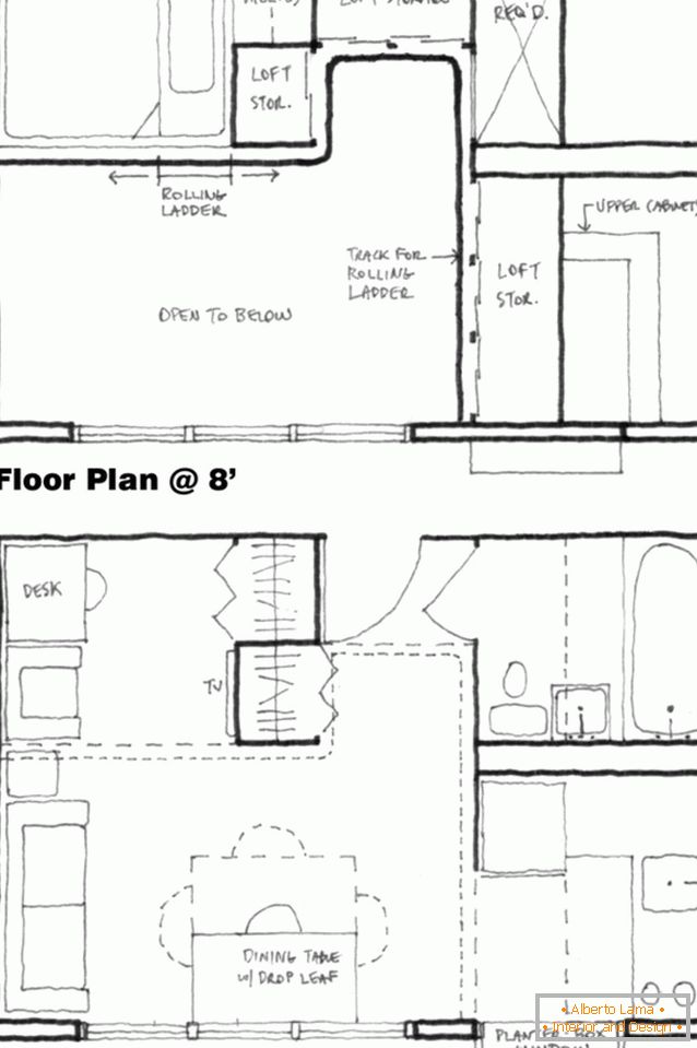 O layout de um estúdio de dois andares