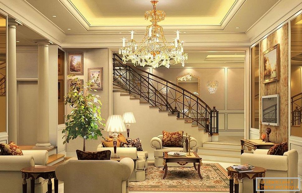 Sala de estar em estilo clássico com escadas