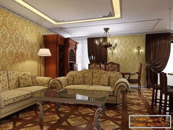 Design de interiores da sala de estar em uma casa particular em estilo clássico - seleção de fotos