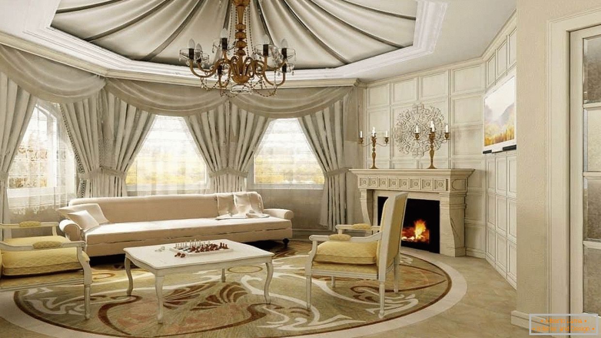Design da sala de estar com tecidos em estilo clássico