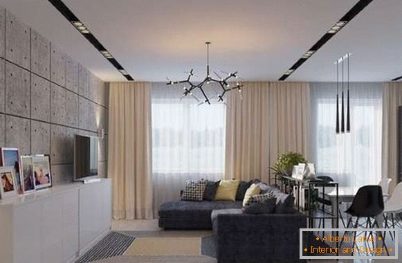 Design de interiores da cozinha, combinado com uma sala de estar em estilo loft 2017