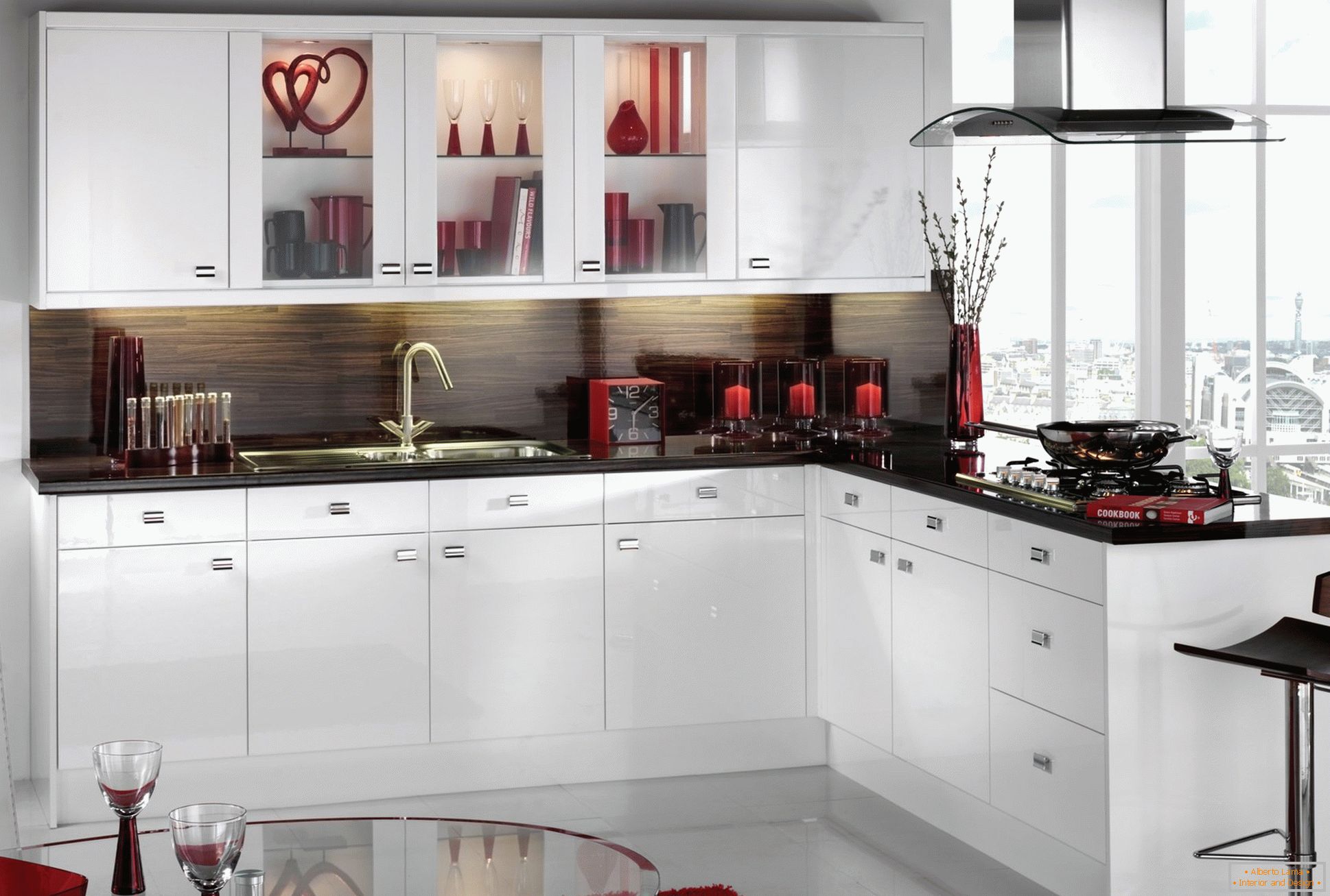 Preto e vermelho no design da cozinha branca
