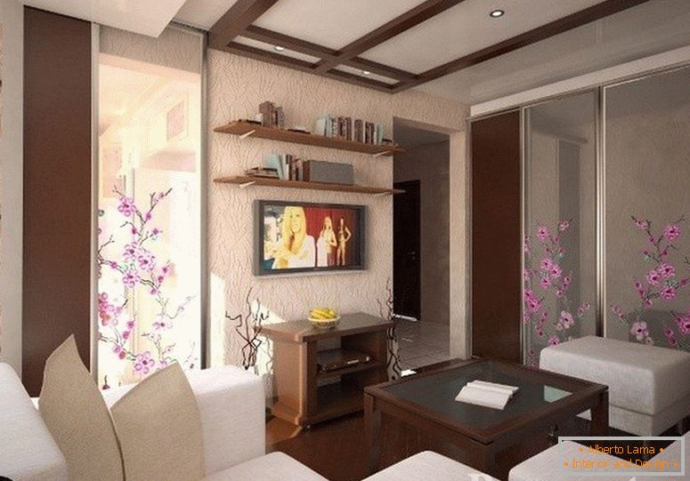 A combinação de móveis brancos e marrons na sala de estar