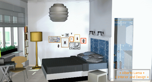 Interior de um pequeno apartamento: um quarto com um quarto de vestir