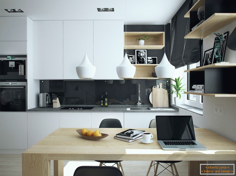 Interior de um pequeno apartamento em cores contrastantes - кухня