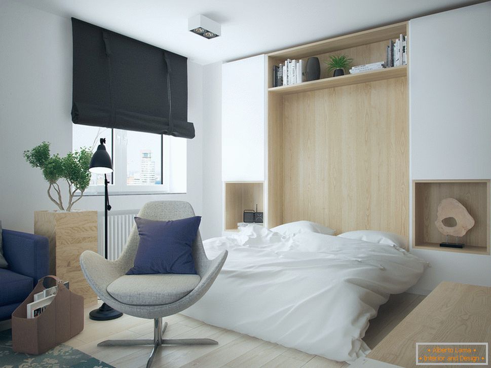 Interior de um pequeno apartamento em cores contrastantes - спальня