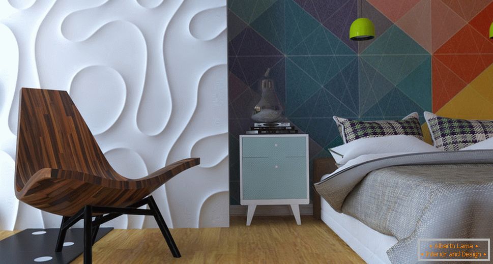 Interior de um pequeno apartamento em cores brilhantes - спальня