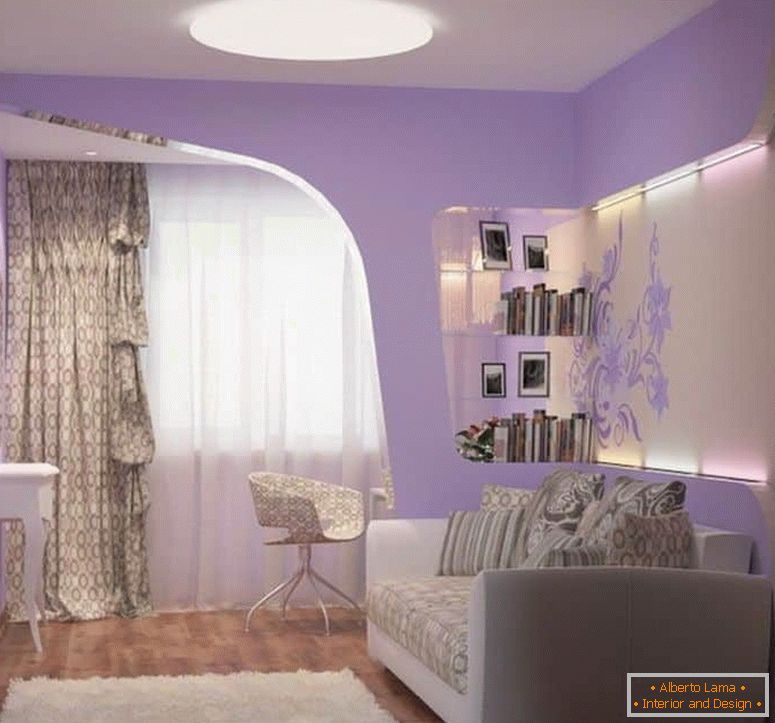 Sofá dobrável com quarto lilás