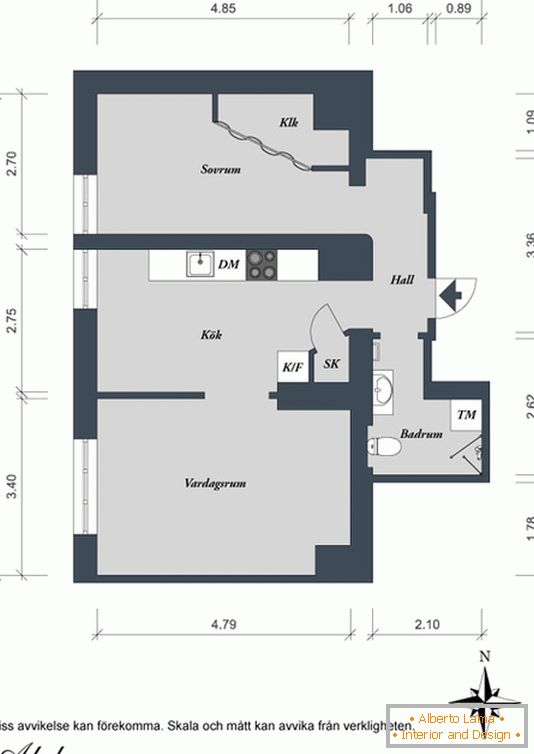 Plano de um apartamento de um quarto na Suécia
