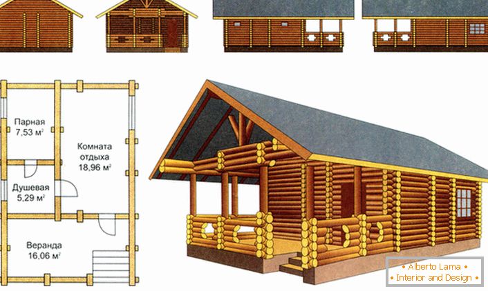 Um projeto interessante de uma cabana de registro de um banho com uma pérgola abaixo de um telhado.