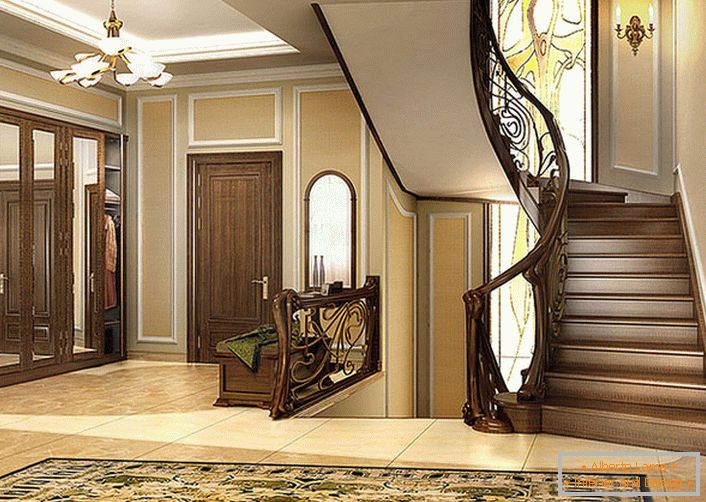 Uma combinação elegante de linhas suaves e calor de madeira natural é a principal característica do estilo moderno. A escada e o interior da casa parecem um. 