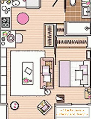 O layout de um pequeno apartamento de um quarto