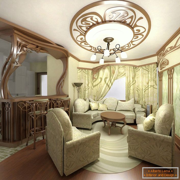 Mobiliário requintado para uma pequena sala de estar em estilo Art Nouveau em um apartamento da cidade em Moscou.