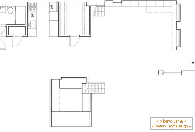 O layout de um apartamento retangular com uma janela