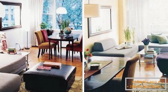 Layout do salão antes e depois de reorganizar o mobiliário na foto