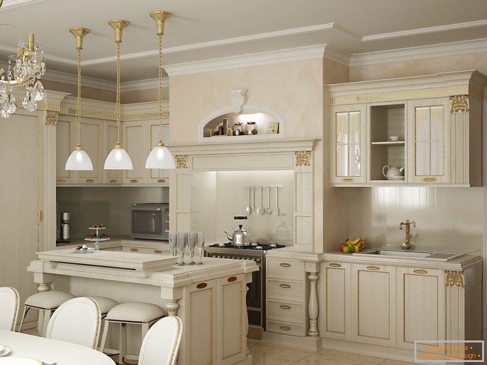 Cozinha branca com decoração de fachada dourada
