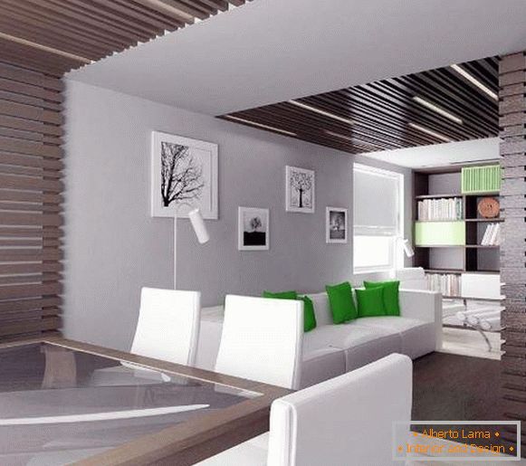 Interior de um pequeno salão em uma casa particular em um estilo moderno e minimalista