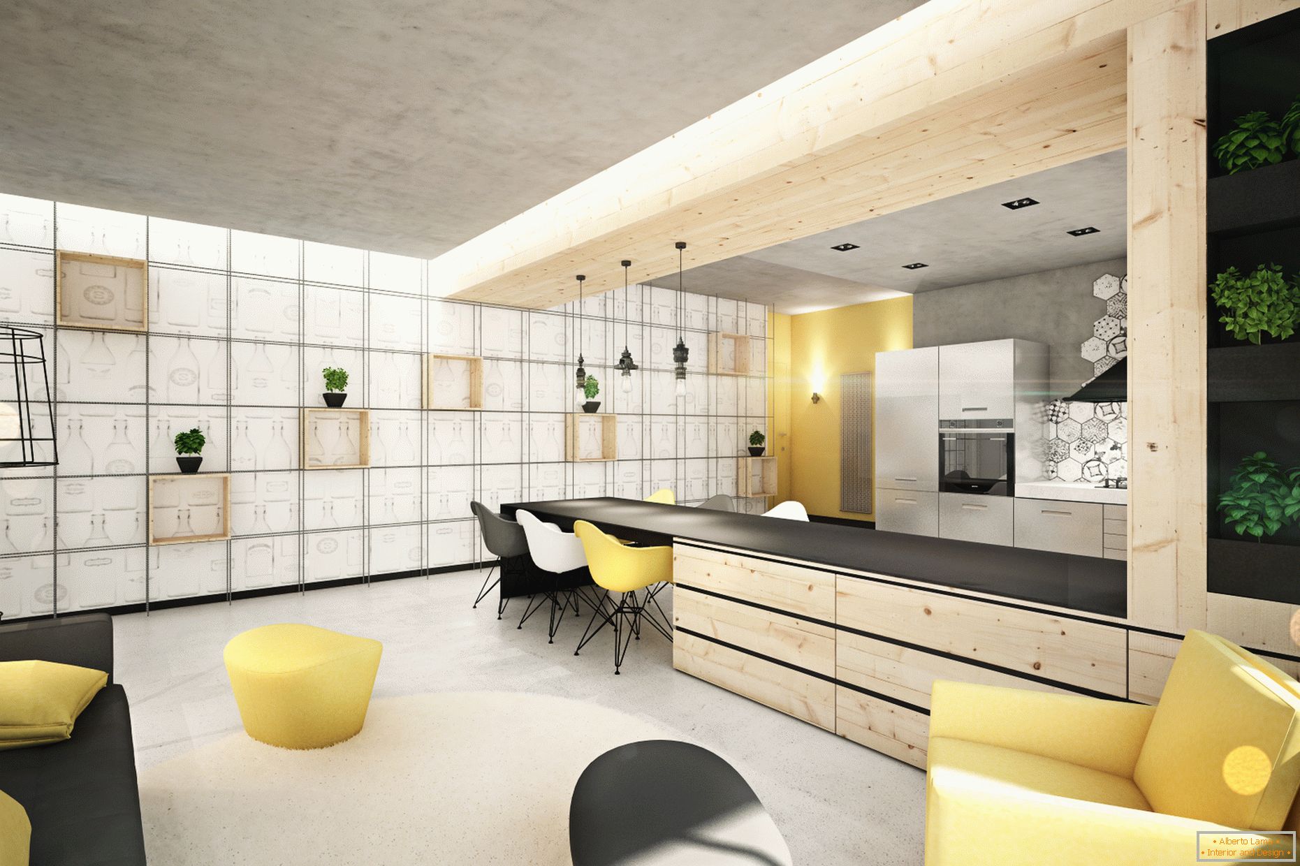 Interior de um pequeno apartamento com detalhes em amarelo e preto