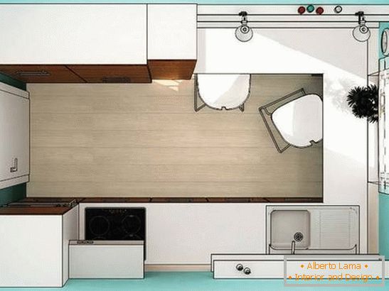 O plano de uma pequena cozinha em cor turquesa
