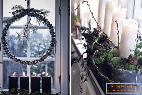 Decoração de Natal das janelas - foto com materiais naturais