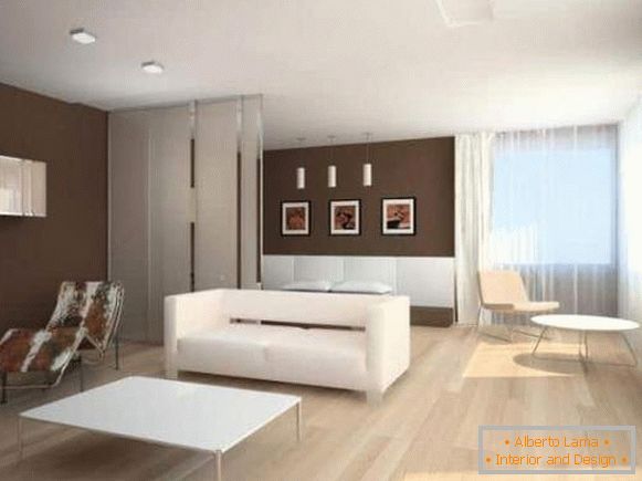 Design moderno de um apartamento de dois quartos no estilo do minimalismo