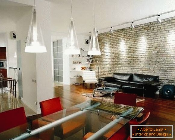 Loft design de interiores de um apartamento de dois quartos - uma foto de uma cozinha na sala de estar