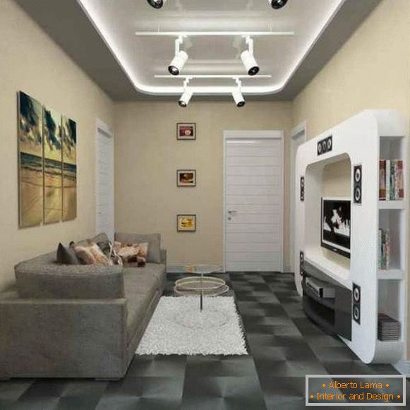 Design moderno de um apartamento de dois quartos em estilo high-tech