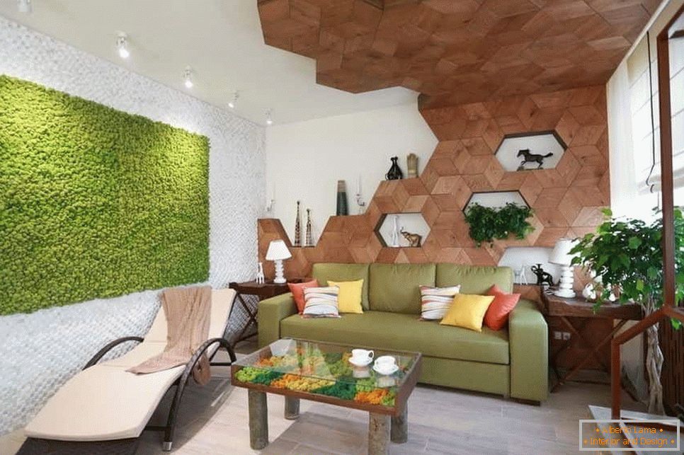 Design de interiores em estilo ecológico com uma combinação de materiais naturais