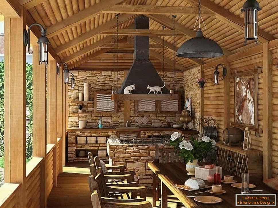 terraço com cozinha de verão em estilo country