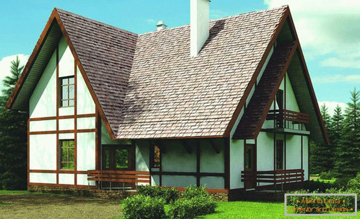 A fachada do edifício da casa é decorada de acordo com as exigências do estilo escandinavo. Carpintaria contrastante torna-se uma característica notável do estilo. 