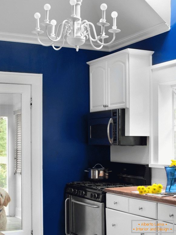Cozinha com paredes azuis brilhantes