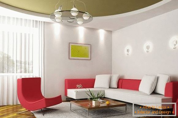 Teto de estiramento verde no design da sala de estar em estilo moderno