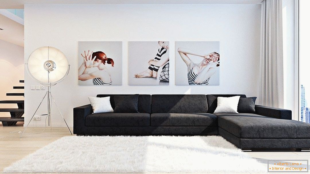 Sala de estar em estilo minimalista com pinturas