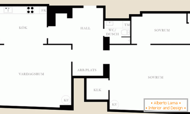 O layout de um apartamento de três quartos