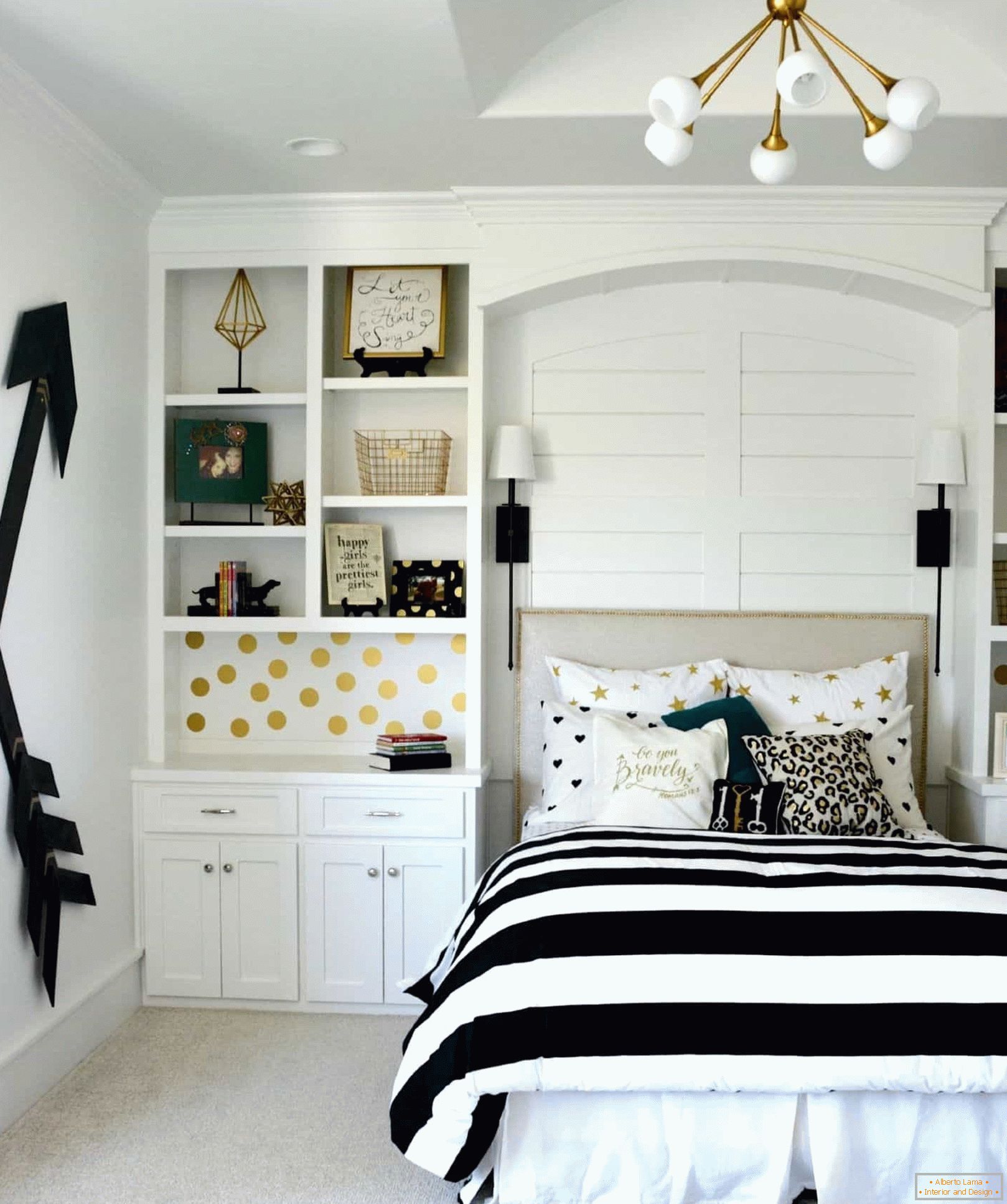 Design de quarto preto e branco para uma adolescente