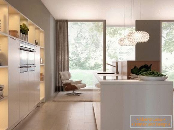 Cortinas bege compridas para a cozinha em estilo high-tech