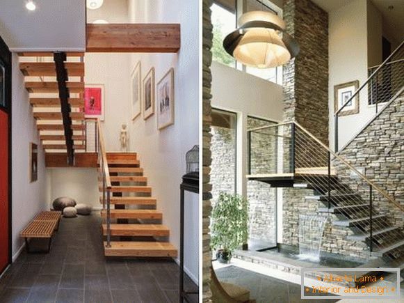 Escadas de metal na casa - foto com degraus de madeira
