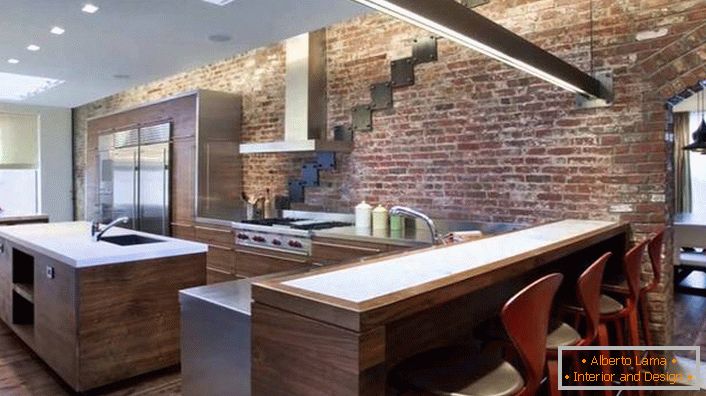 Loft estilo no design interior da cozinha e sala de jantar.