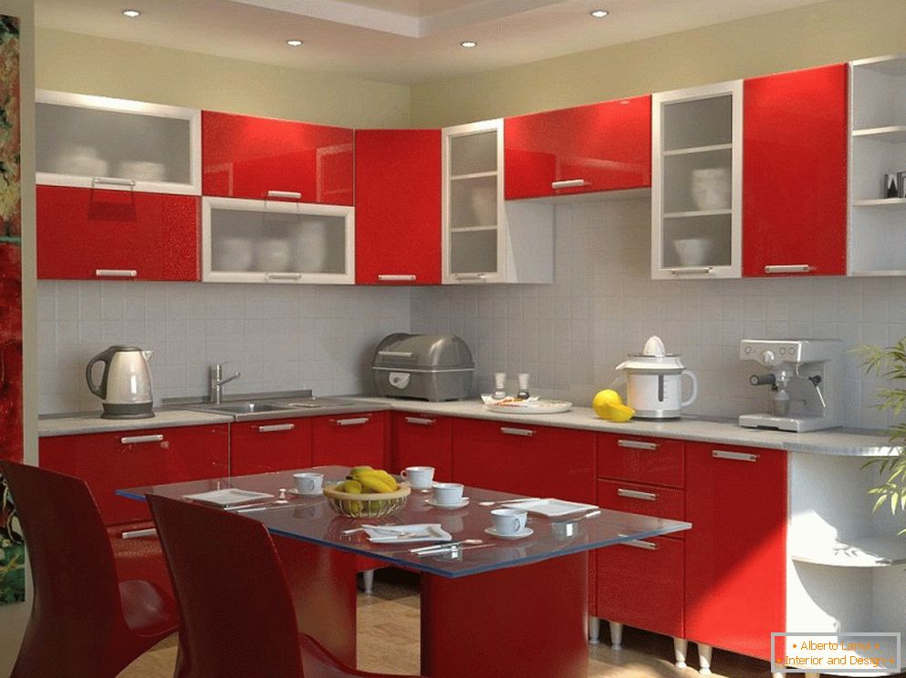 Móveis de cozinha com uma fachada vermelha