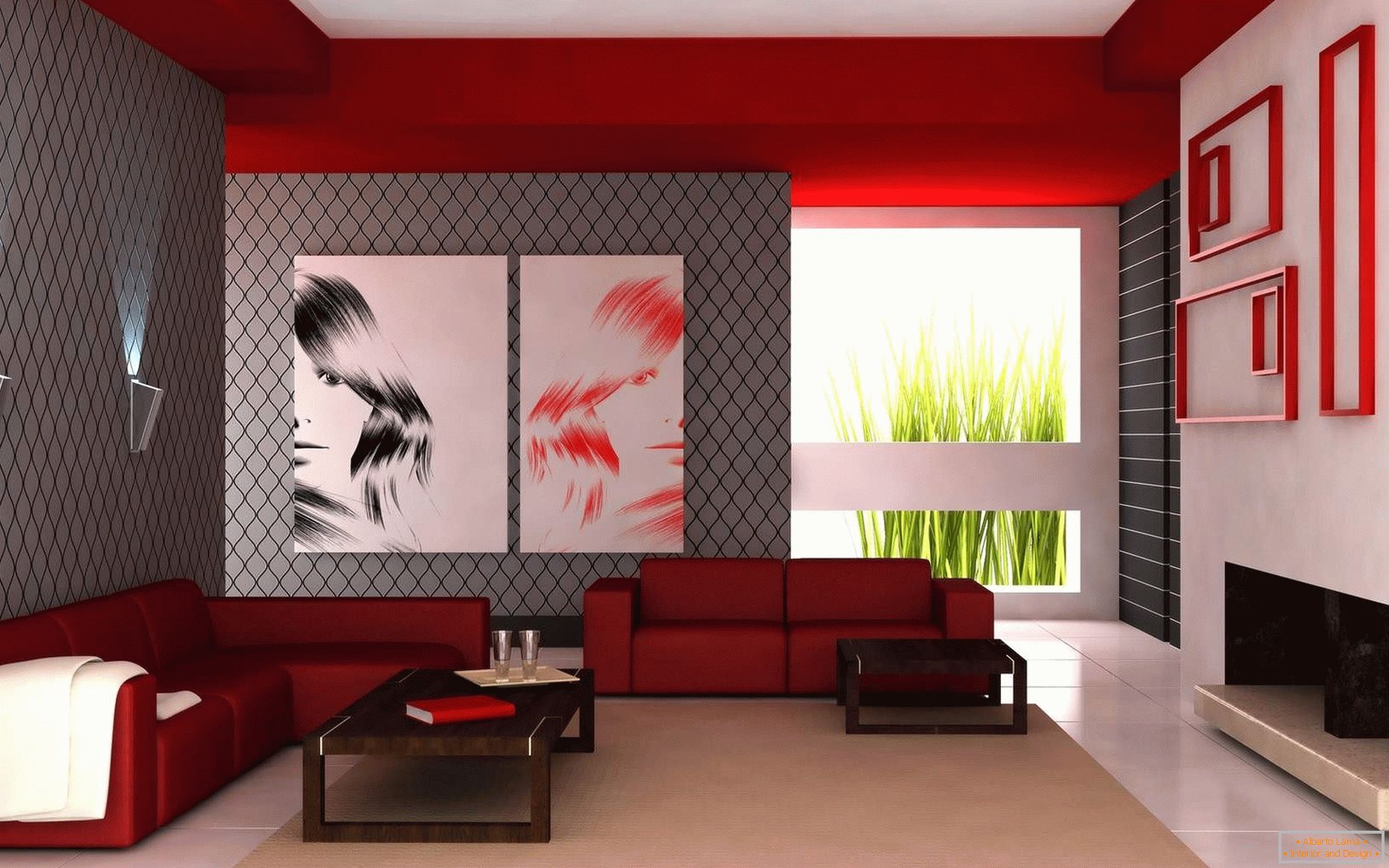 A combinação de cores brancas, vermelhas e cinza na sala de estar
