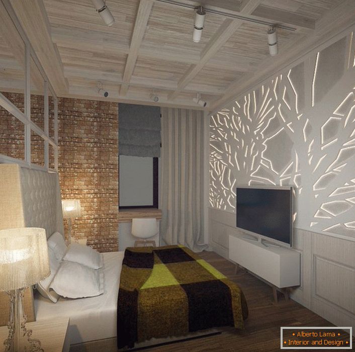 O quarto é projetado de acordo com os requisitos de estilo loft. Atenção desenha um painel de parede da placa de gesso com retroiluminação LED. 