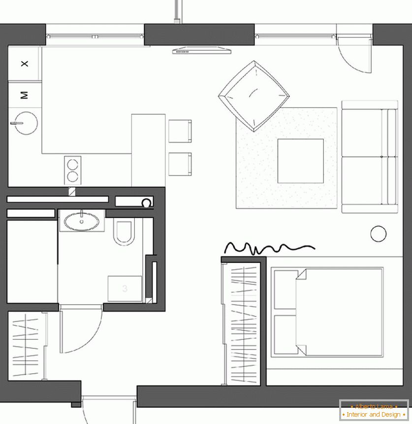 Interior único de um apartamento de um quarto para um jovem casal