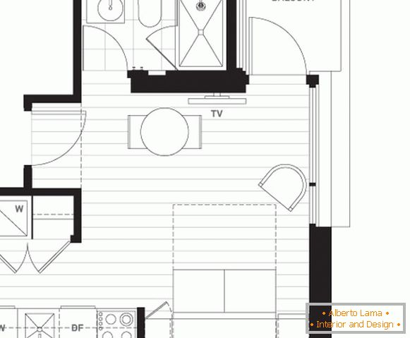 O layout de um pequeno apartamento com varanda