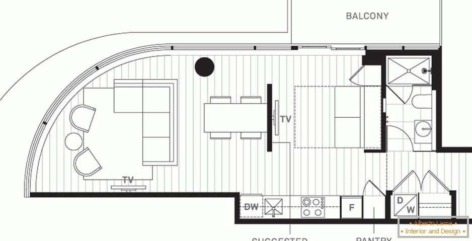 O layout de um pequeno apartamento com varanda