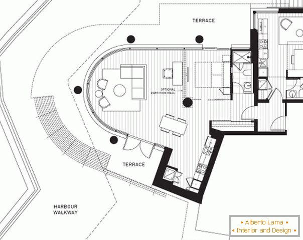 O layout de um pequeno apartamento com um terraço