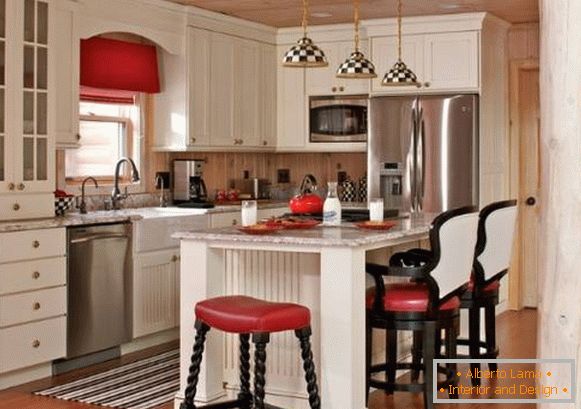 Interior de cozinha brilhante no estilo country - fotos em cores preto e brancas e vermelhas