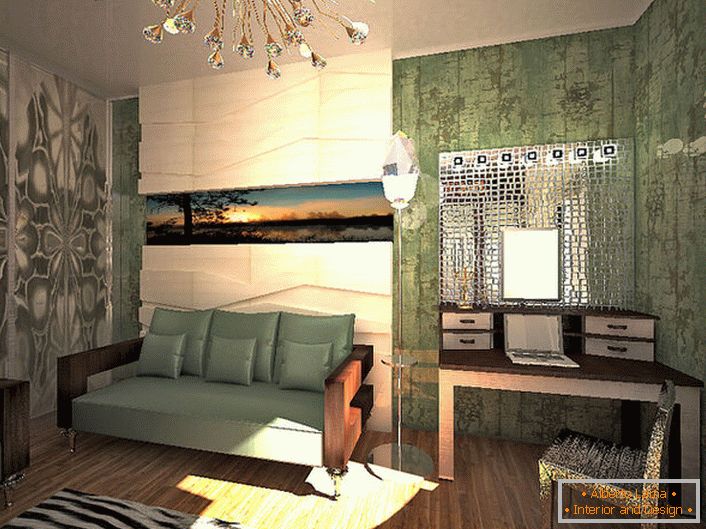 Brilho de ouro em combinação com os elementos de cristal dá uma excelente opção de iluminação para a sala de estar no estilo de alta tecnologia. 