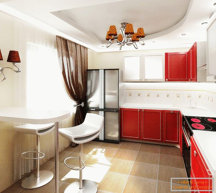 Projeto de design para a cozinha em um apartamento comum em Moscou. Contraste combinação de cores, móveis funcionais, não sobrecarregados com móveis, iluminação lacônica - índices de estilo impecável do proprietário da habitação.