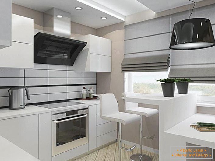 O estilo minimalista é ideal para pequenas cozinhas, onde o problema de economizar espaço valioso é agudo.