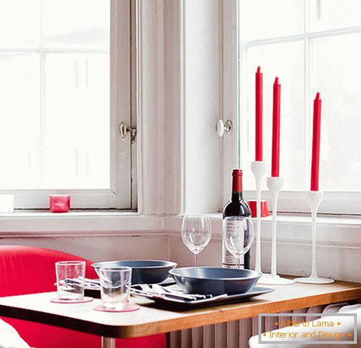 Interior, de, um, jantando quarto, com, vermelho, acentos